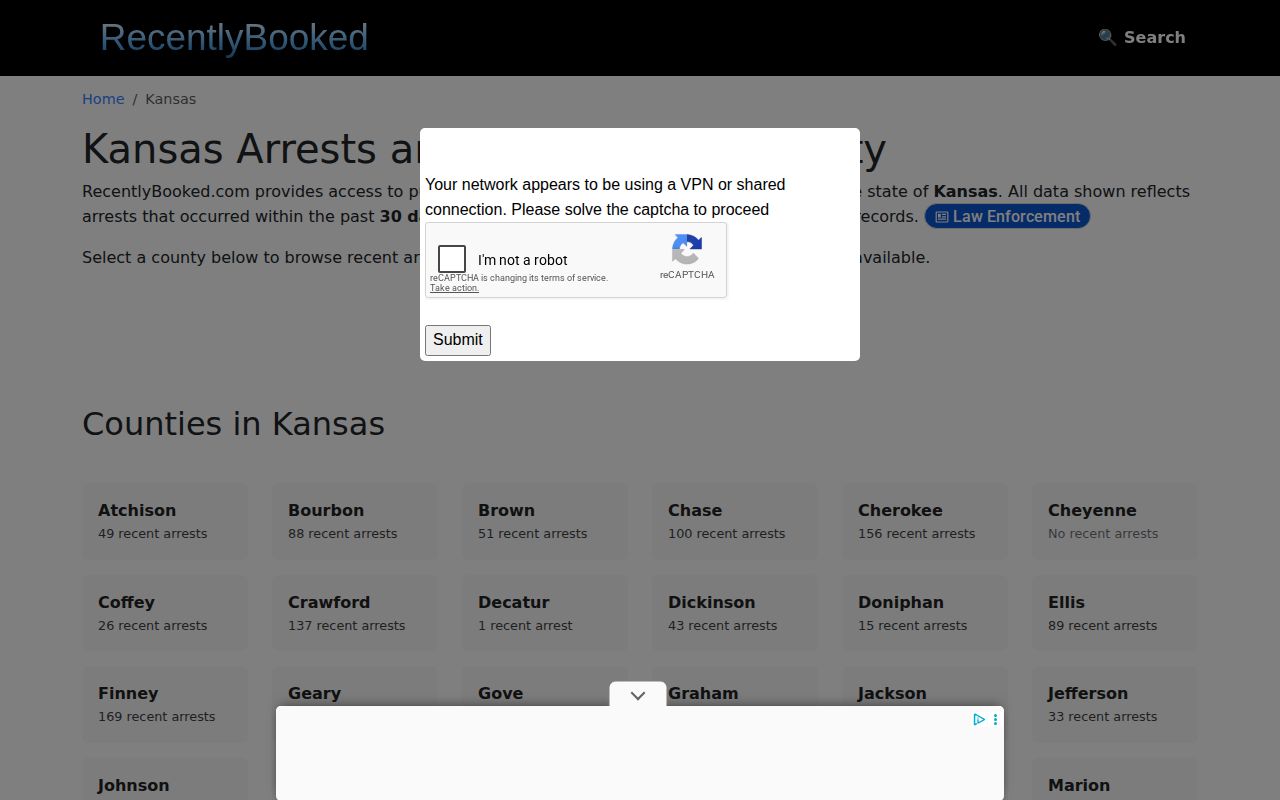 RecentlyBooked Kansas index showing no verified Pottawatomie County Kansas mugshot section