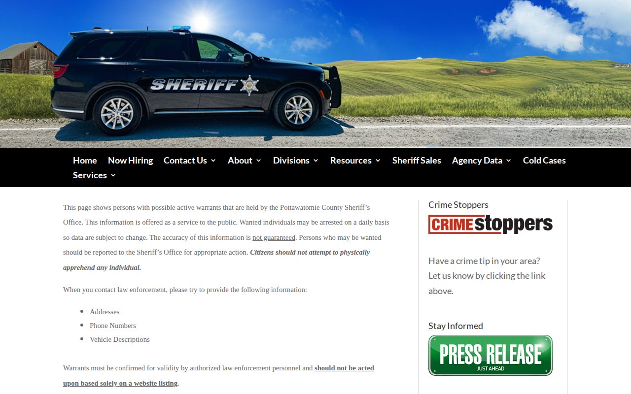 Pottawatomie County Sheriff possible active warrant search interface
